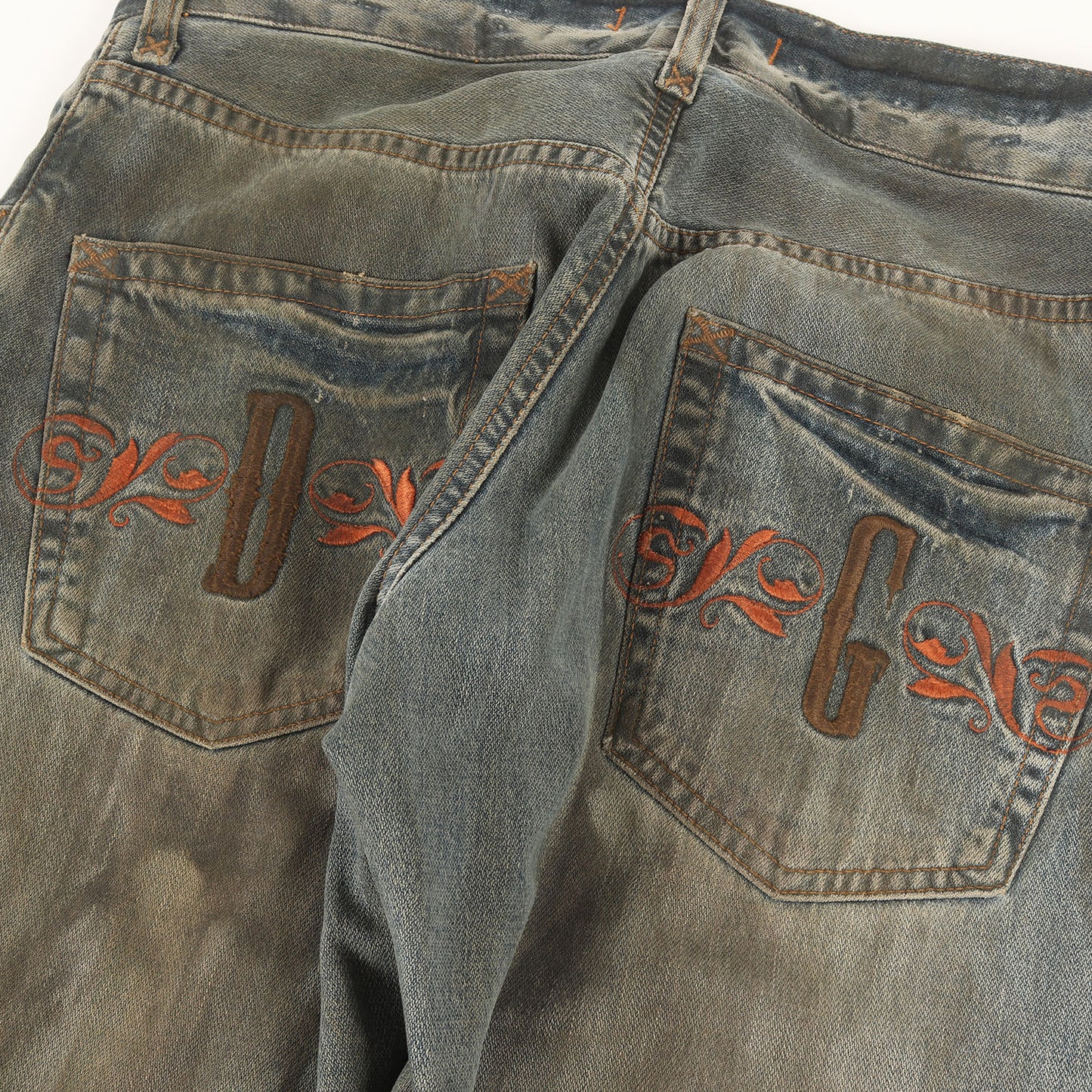 ヴィンテージ加工 バック 刺繍 ストレート デニム パンツ / ボタンフライ 16 CLASSIC