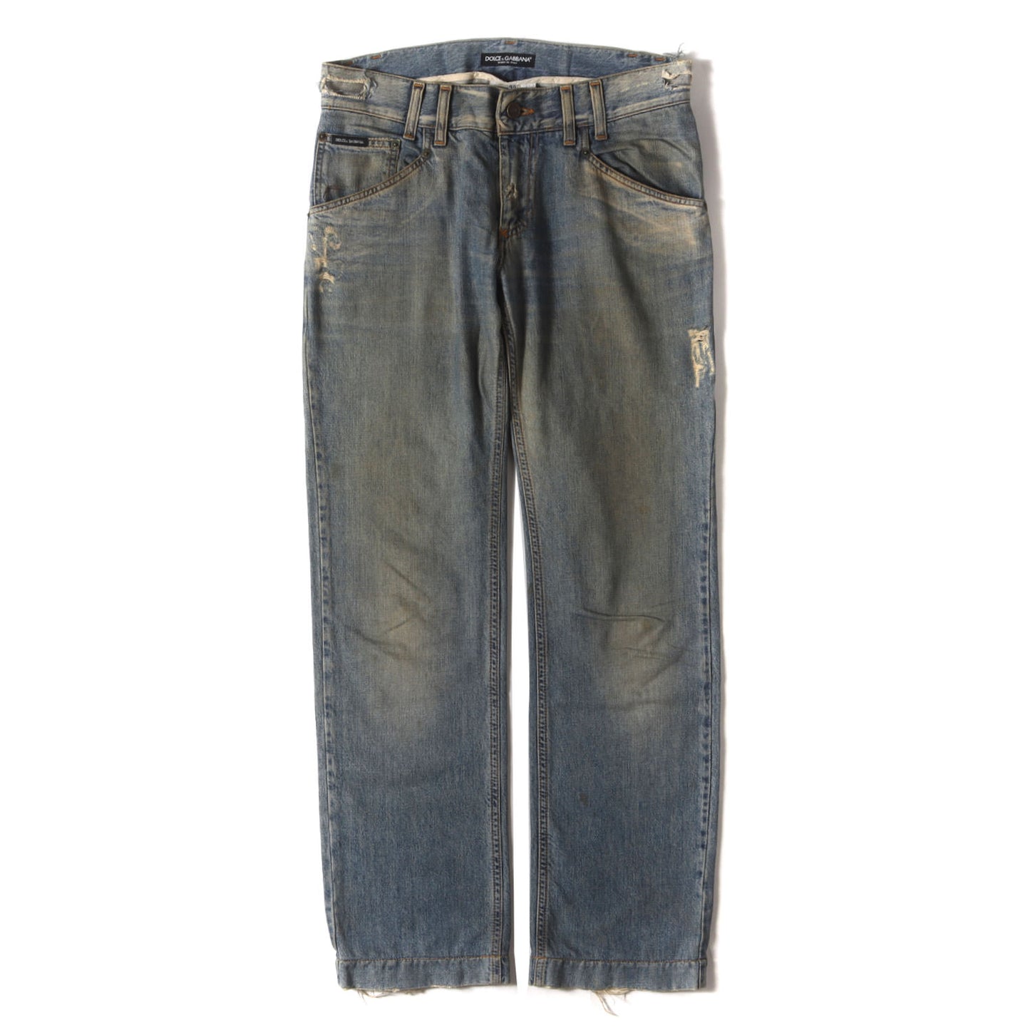 ヴィンテージ ダメージ 加工 バック ロゴ ストレート デニム パンツ / ジッパーフライ