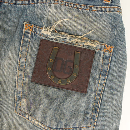ヴィンテージ ダメージ 加工 バック ロゴ ストレート デニム パンツ / ジッパーフライ