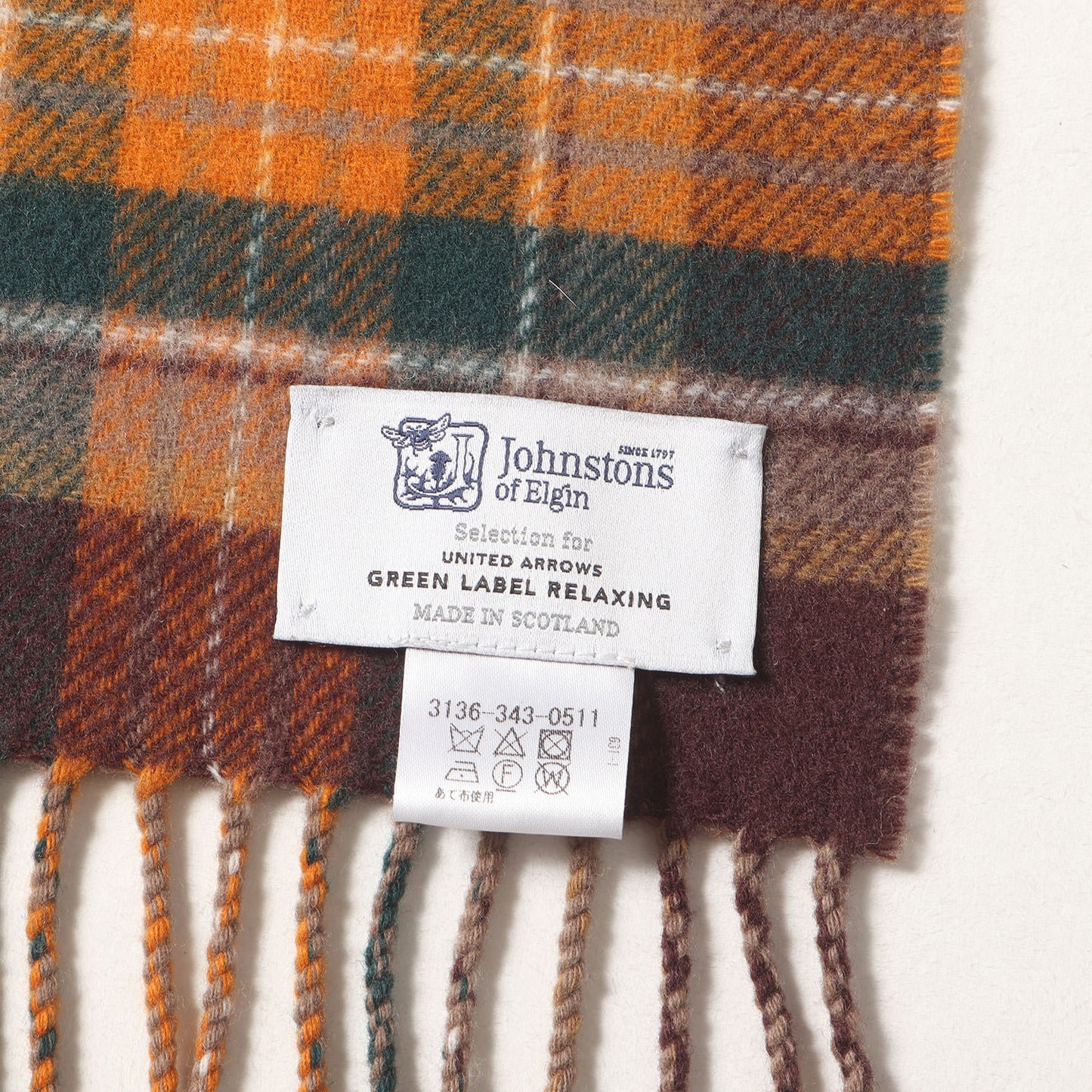 × UNITED ARROWS GREEN LABEL RELAXING フリンジ タータンチェック カシミヤ混ニット マフラー (3136-343-0511) / MADE IN SCOTLAND