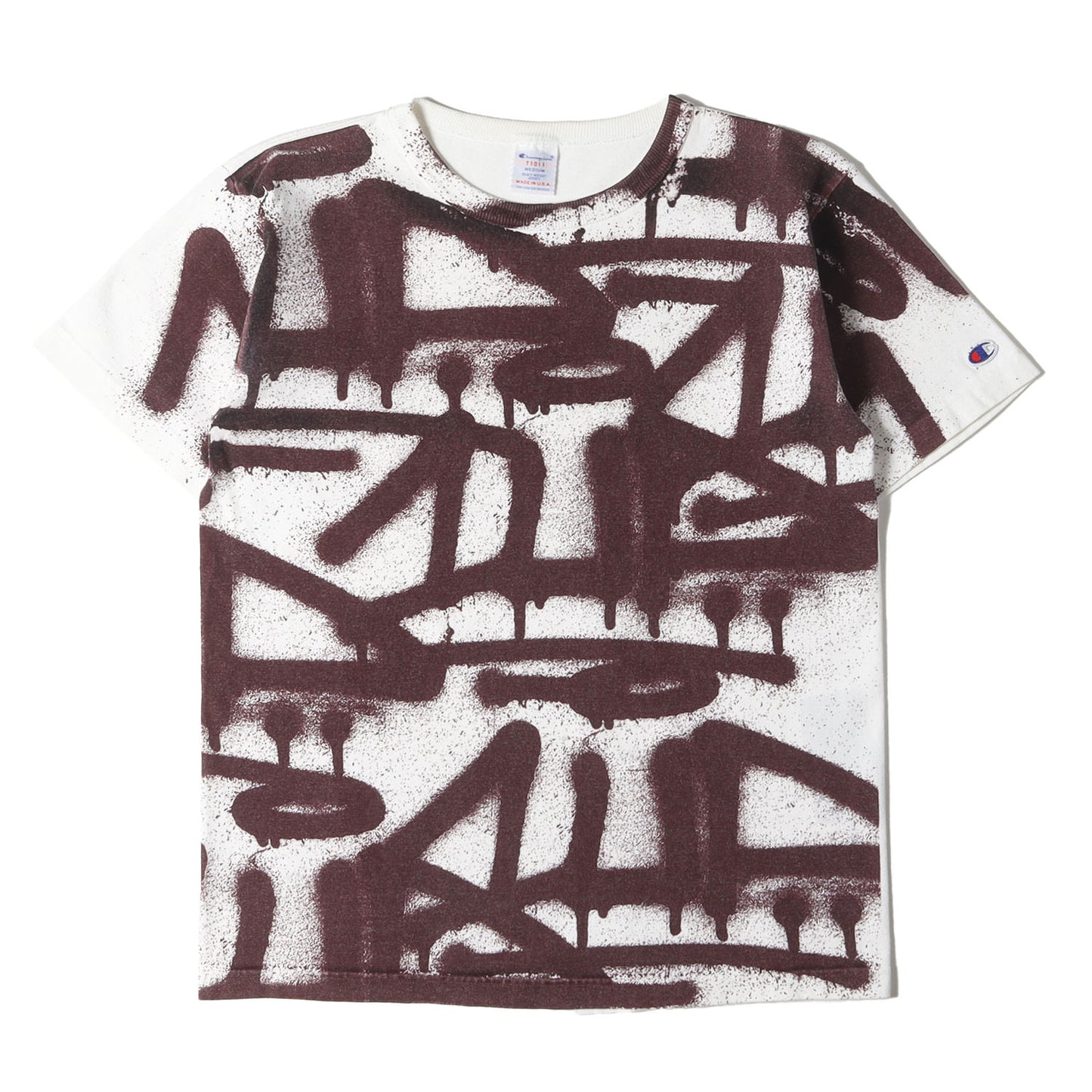 × Champion T1011 グラフィック ペイント ヘビーウェイト バインダーネック Tシャツ / MADE IN USA