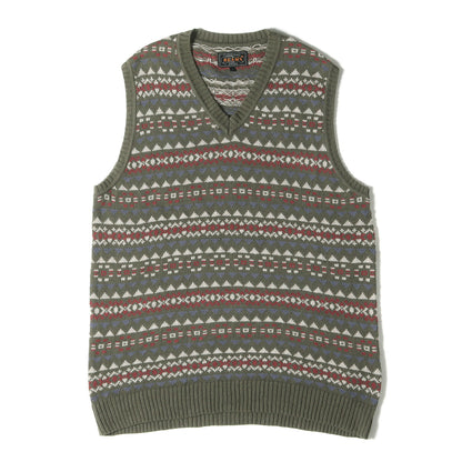 24SS フェアアイル ジャガード リネンコットン ニット ベスト (Cotton Linen Vest Fair Isle Pattern 38-05-0037-103) / BEAMS PLUS