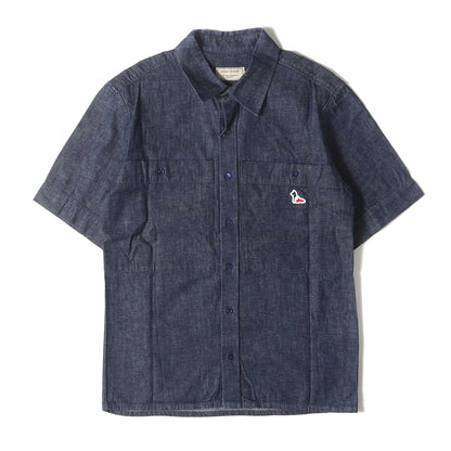 ワンポイント アイコン ラバー 刺繍 デニム 半袖 ワーク シャツ (KMH-19010-A)