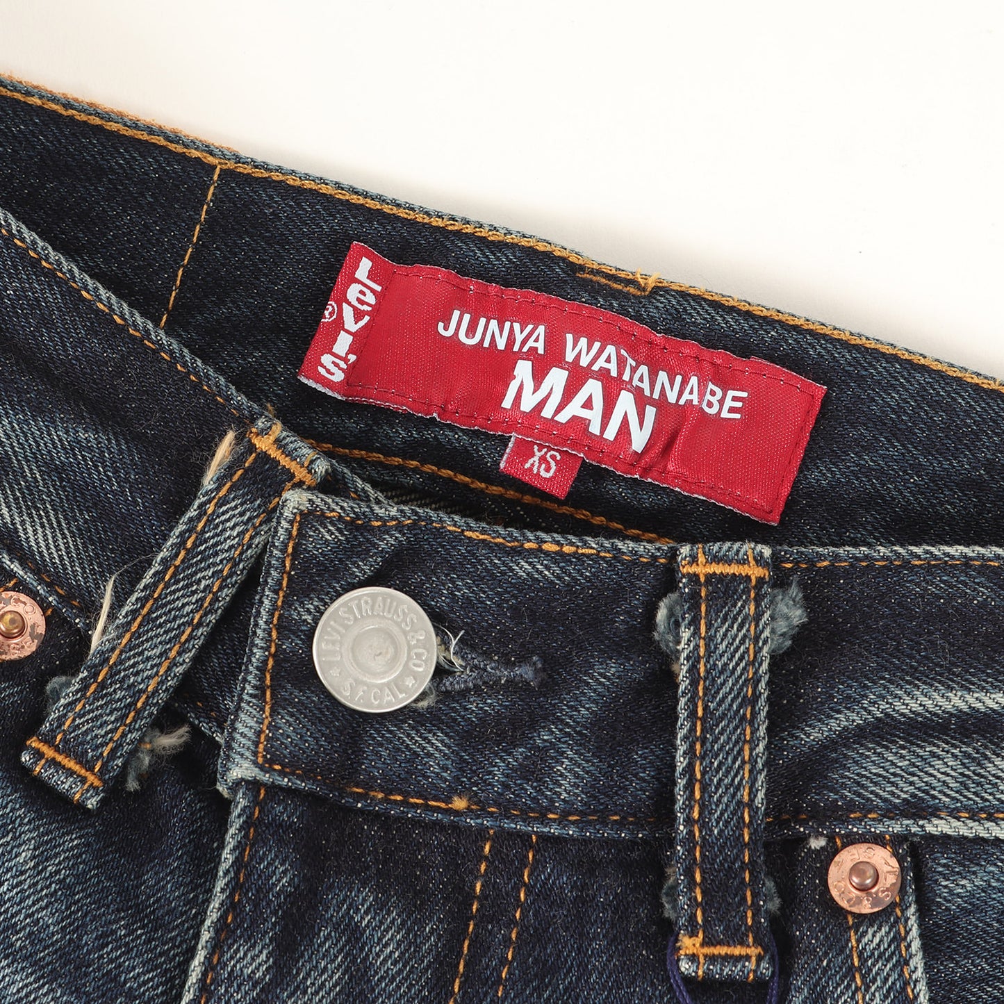 25SS × Levi's 解体 再構築 ドッキング ダブルウエスト テーパード デニム パンツ (WO-P208)