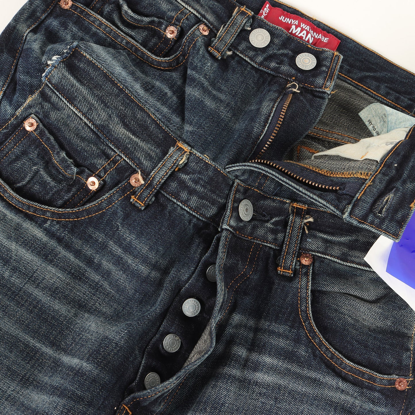 25SS × Levi's 解体 再構築 ドッキング ダブルウエスト テーパード デニム パンツ (WO-P208)