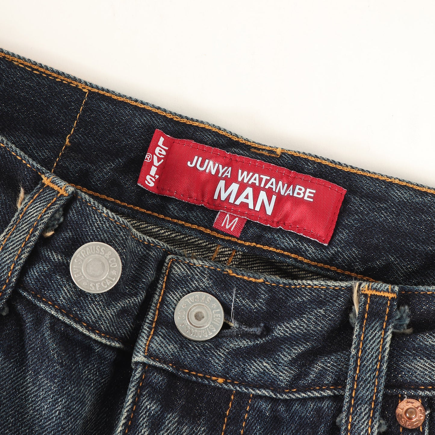25SS × Levi's 解体 再構築 ドッキング ダブルウエスト テーパード デニム パンツ (WO-P208)