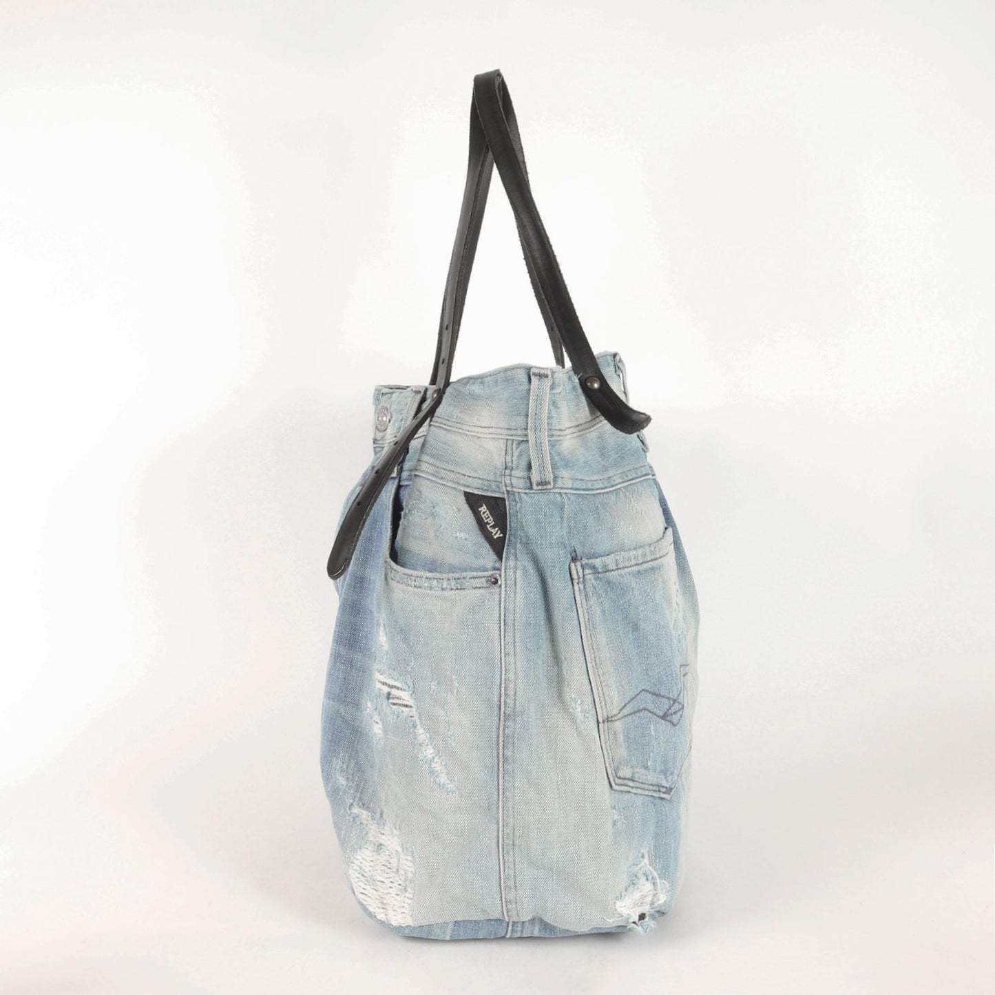 近年タグ リメイク デニム レザーショルダー トートバッグ (FW 3637.005.A0181A)