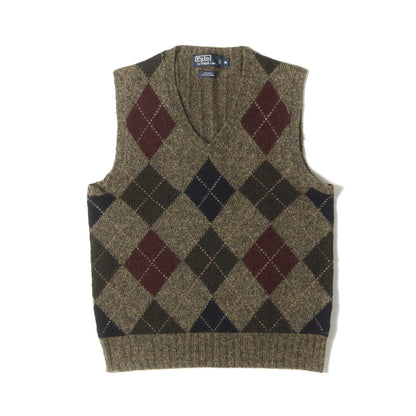 アーガイル柄 Vネック ウールニット ベスト (KR-RL-YW3533)