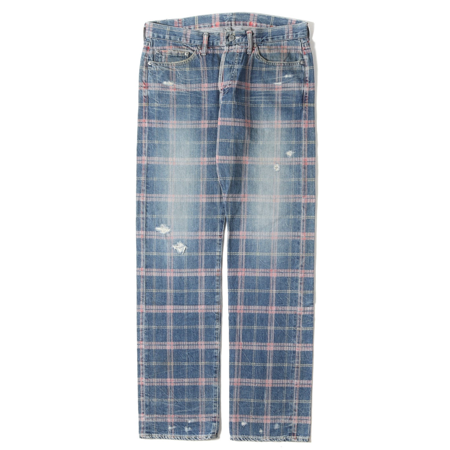 00s ダメージ加工 タータンチェックプリント デニム パンツ / HG JEANS