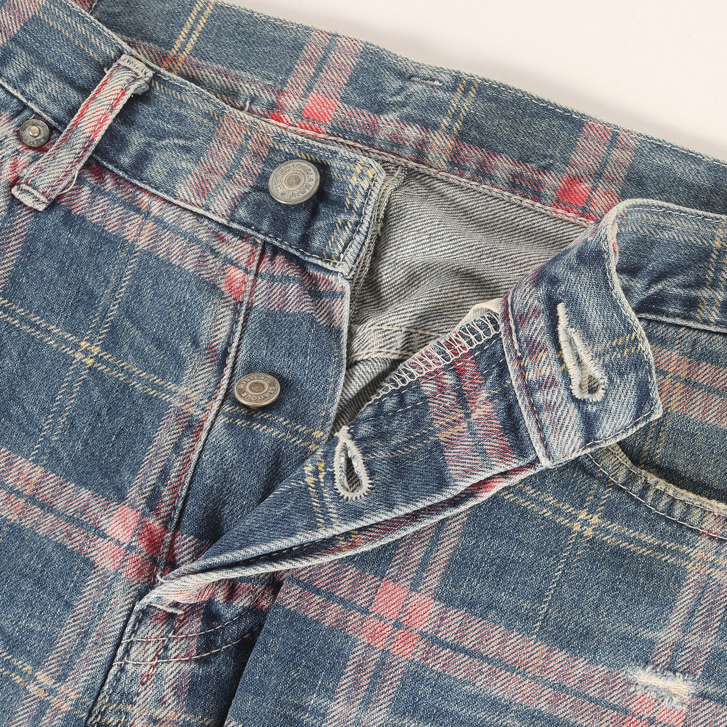 00s ダメージ加工 タータンチェックプリント デニム パンツ / HG JEANS