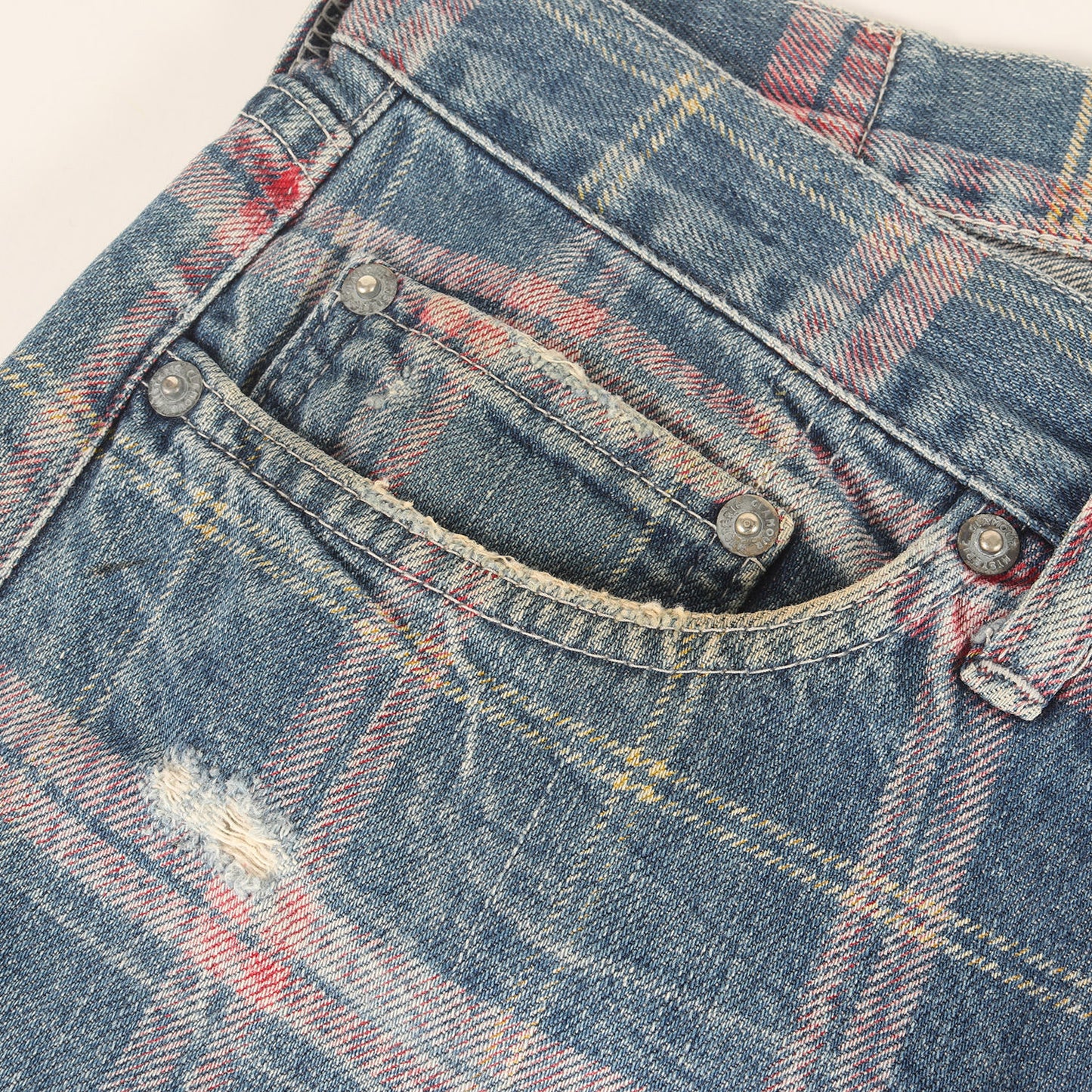 00s ダメージ加工 タータンチェックプリント デニム パンツ / HG JEANS
