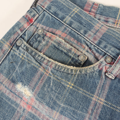00s ダメージ加工 タータンチェックプリント デニム パンツ / HG JEANS