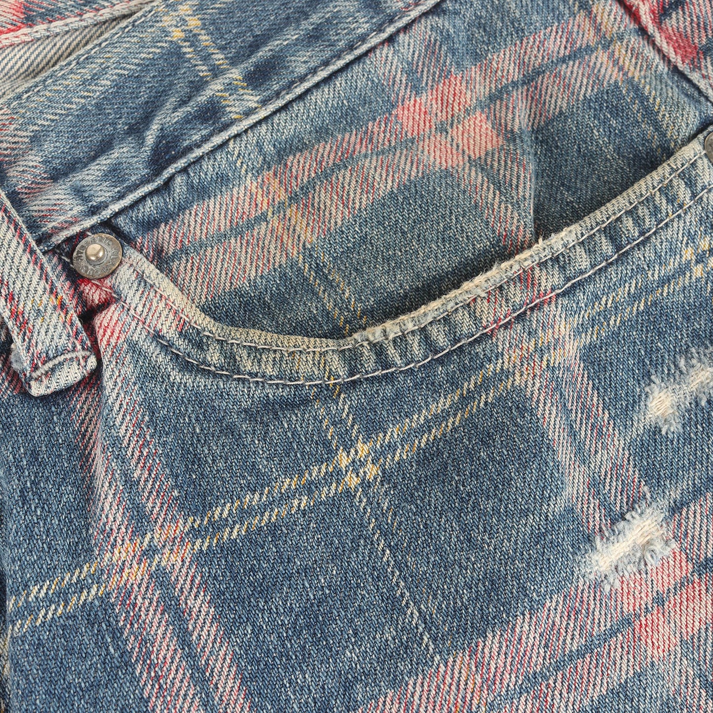 00s ダメージ加工 タータンチェックプリント デニム パンツ / HG JEANS