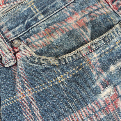 00s ダメージ加工 タータンチェックプリント デニム パンツ / HG JEANS