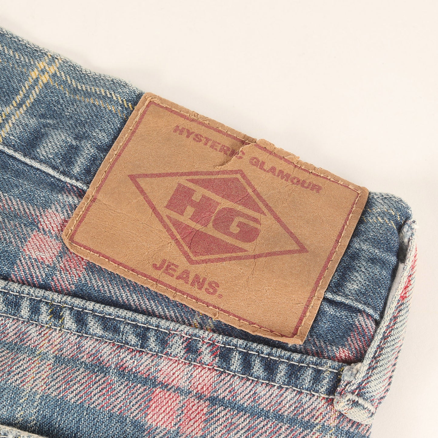 00s ダメージ加工 タータンチェックプリント デニム パンツ / HG JEANS