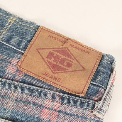 00s ダメージ加工 タータンチェックプリント デニム パンツ / HG JEANS