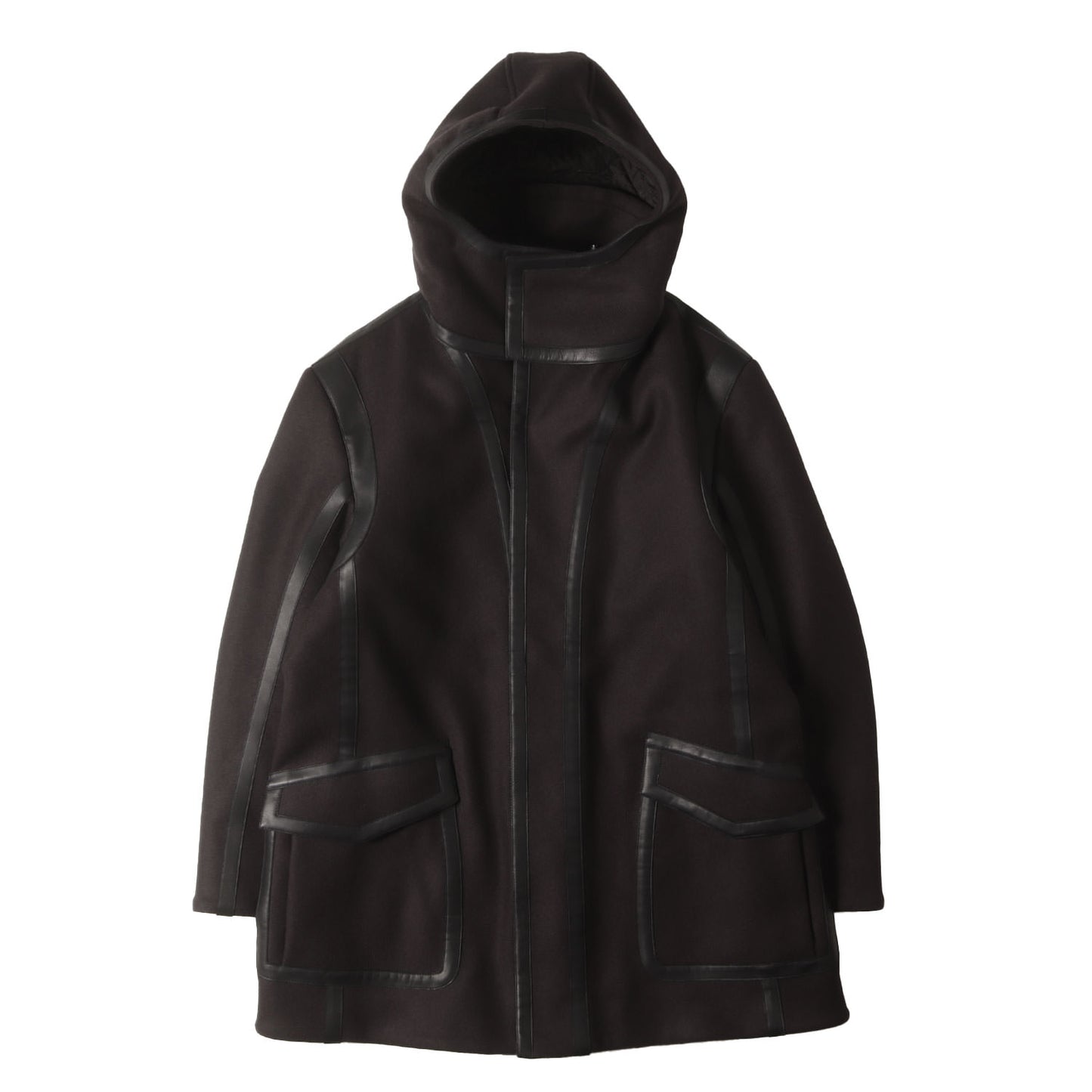 レザーパイピング ウールフラノ フーデッド ロング コート