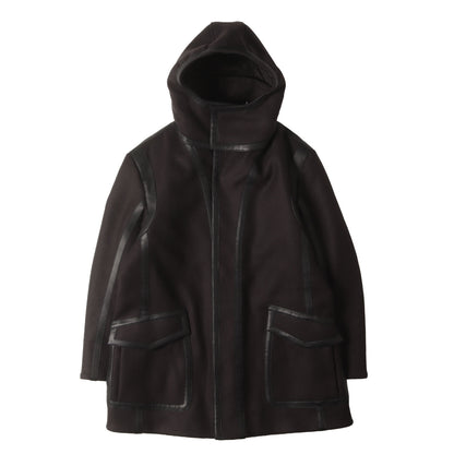 レザーパイピング ウールフラノ フーデッド ロング コート