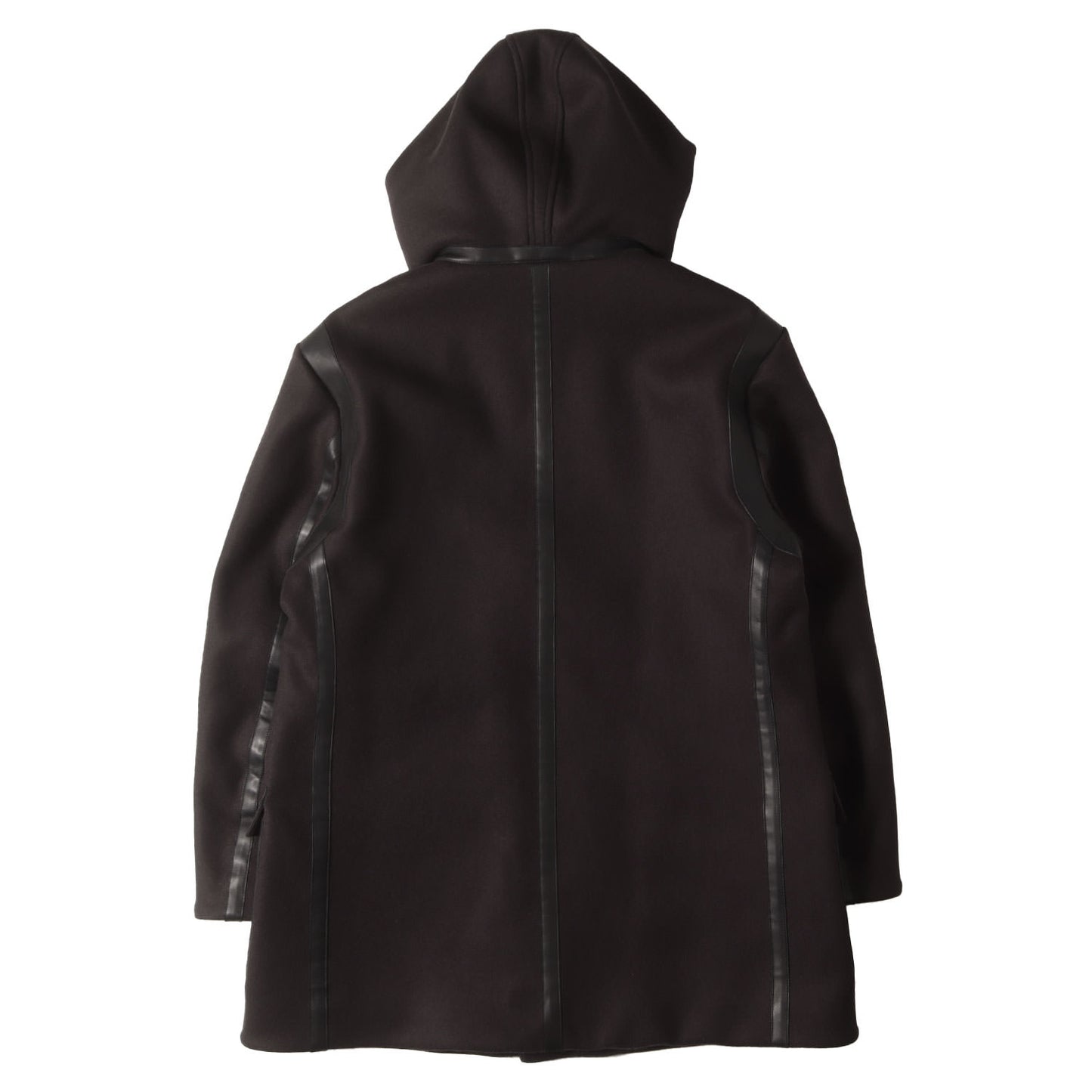 レザーパイピング ウールフラノ フーデッド ロング コート