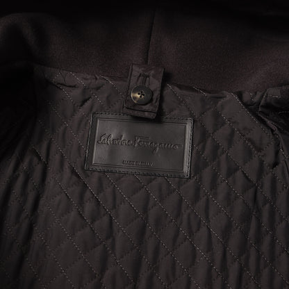 レザーパイピング ウールフラノ フーデッド ロング コート