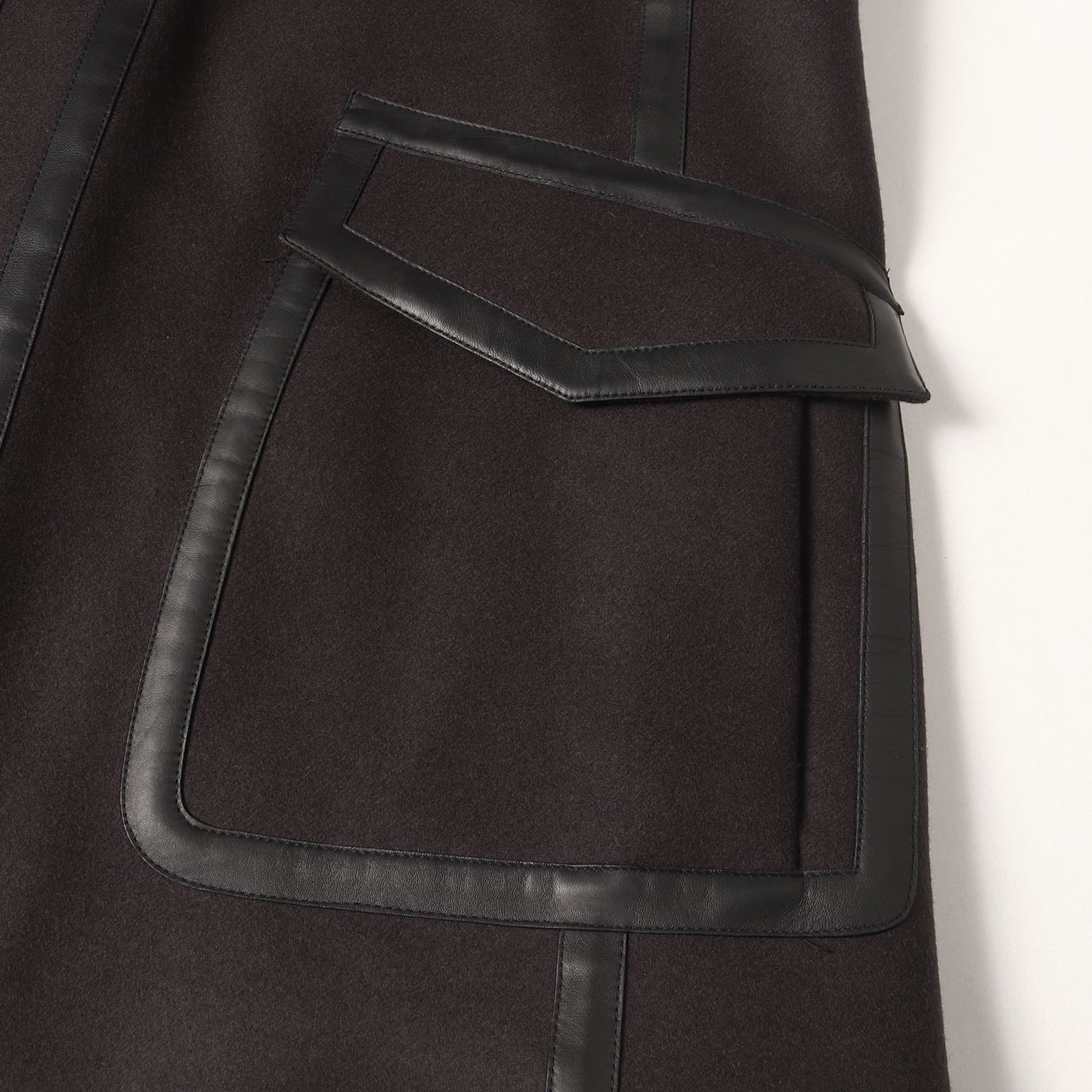 レザーパイピング ウールフラノ フーデッド ロング コート