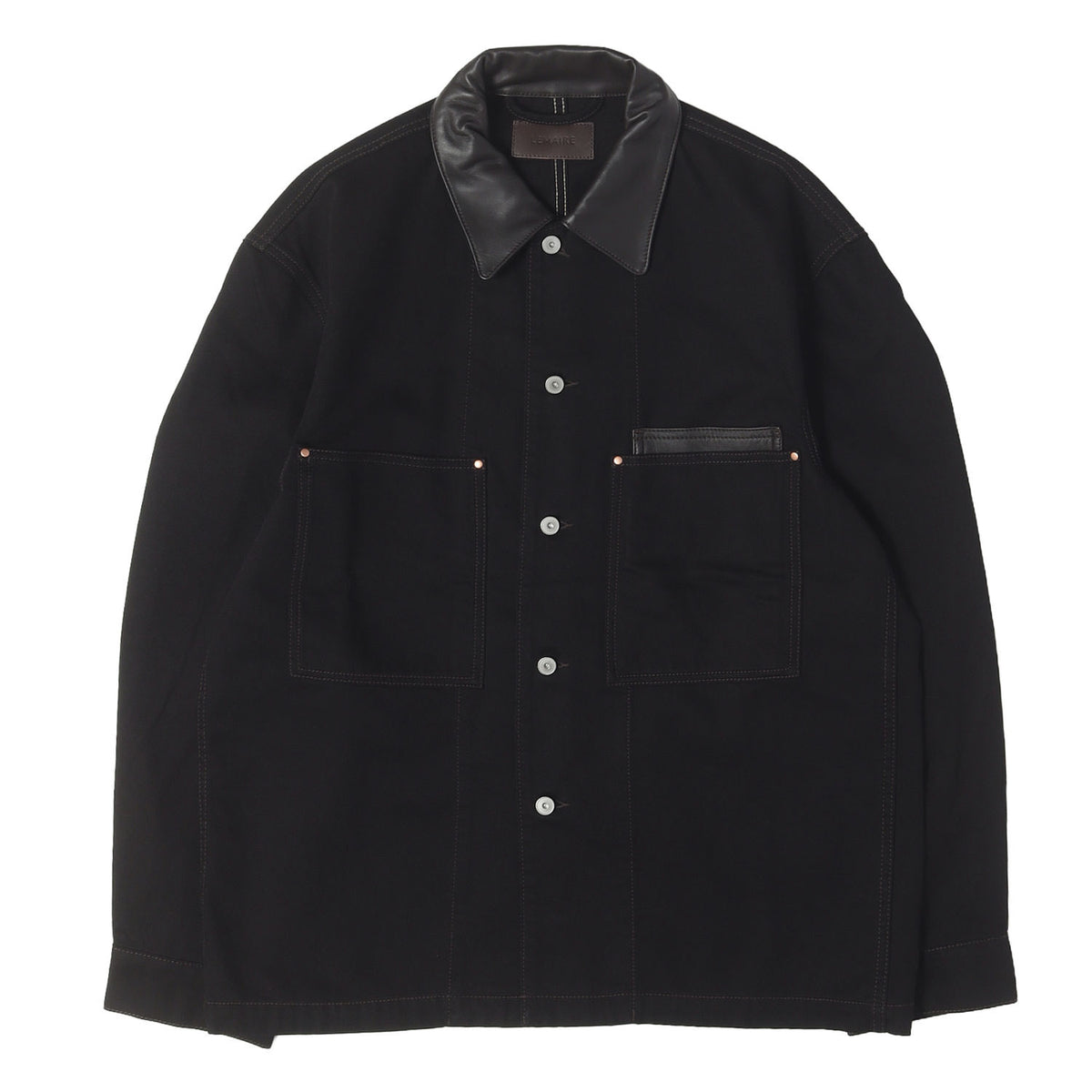 26SS レザーカラー ブラックデニム オーバーシャツ カバーオール (WORKWEAR OVERSHIRT WITH LEATHER COLLAR)