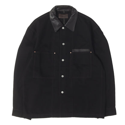 26SS レザーカラー ブラックデニム オーバーシャツ カバーオール (WORKWEAR OVERSHIRT WITH LEATHER COLLAR)