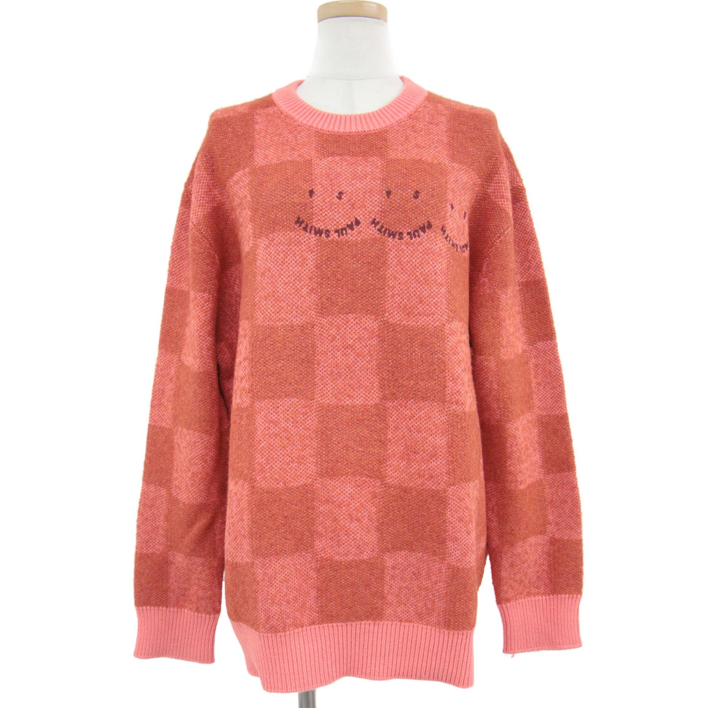 ニット セーター プルオーバー クルーネック 長袖 オーバーサイズ ブロック チェック 市松柄 スマイル ロゴ PS Paul Smith Happy コットン 綿 アクリル ナイロン レーヨン ウール ポリウレタン 22秋冬 230306