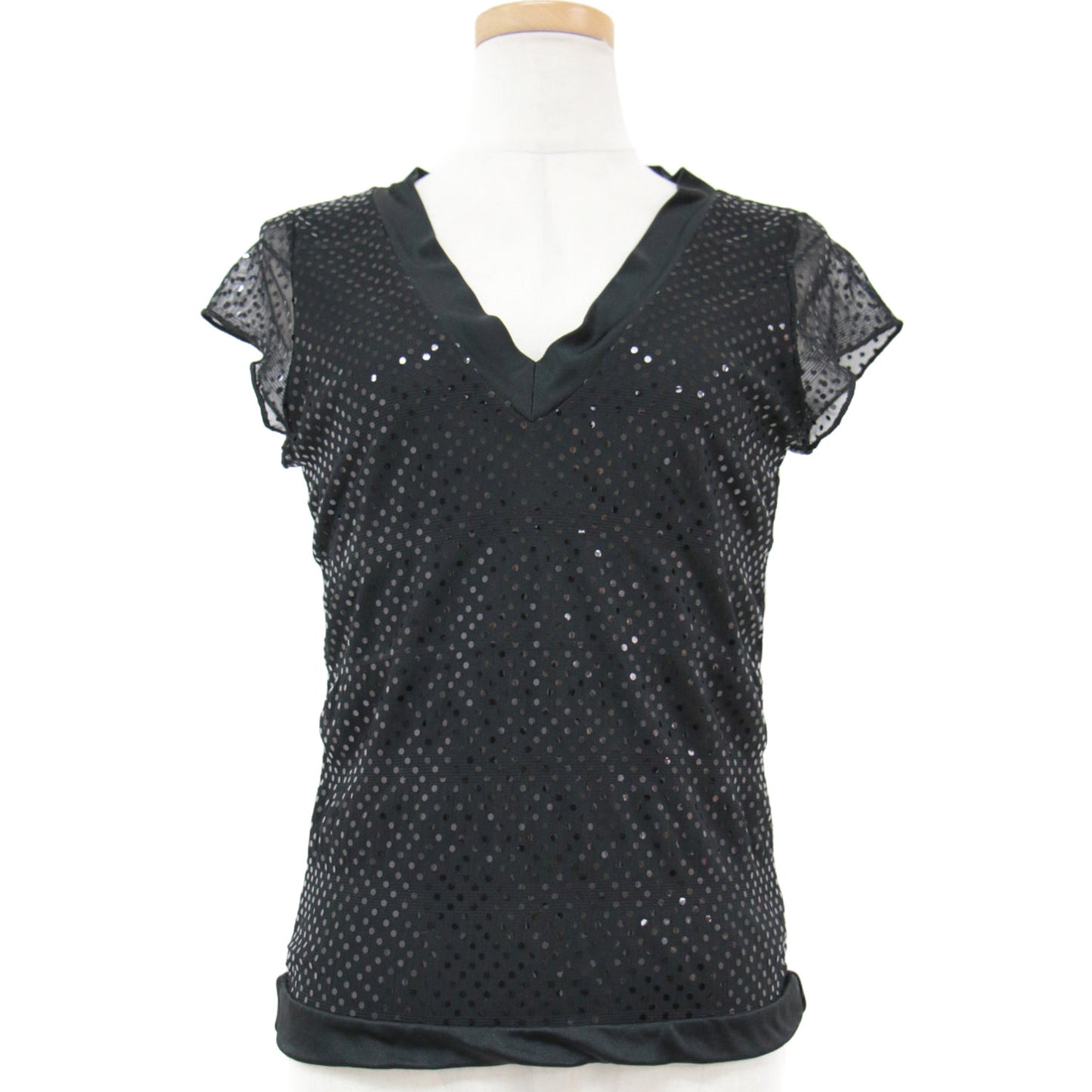 カットソー Vネック フレンチスリーブ ドット チュール 231017