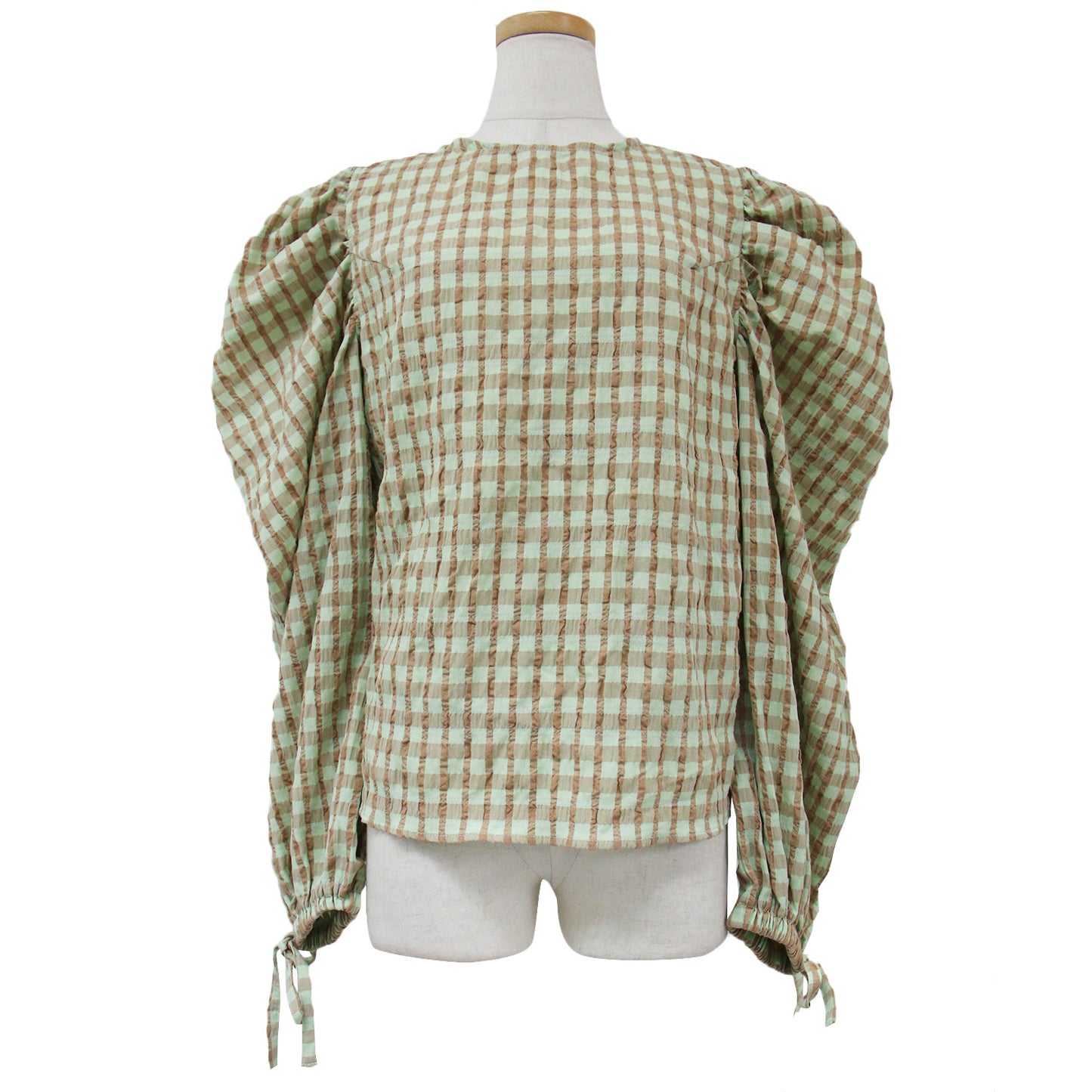 シャツ ブラウス プルオーバー クルーネック ボリュームスリーブ 長袖 変形 バックオープン 肩開き ギンガムチェック ポリエステル コットン 綿 ポリウレタン 23春夏 240318