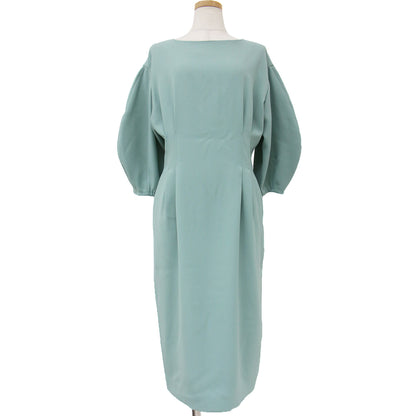 ワンピース ミディ丈 ひざ下 7分袖 ラウンドネック パフスリーブ タックデザイン ジョーゼット 240208