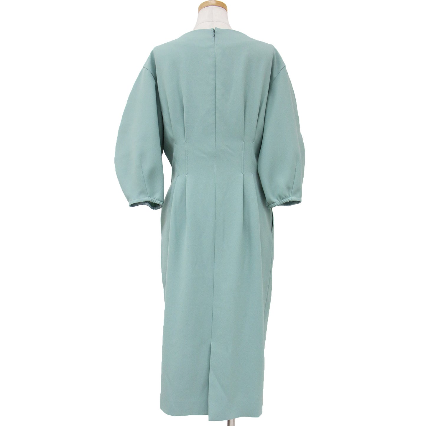 ワンピース ミディ丈 ひざ下 7分袖 ラウンドネック パフスリーブ タックデザイン ジョーゼット 240208