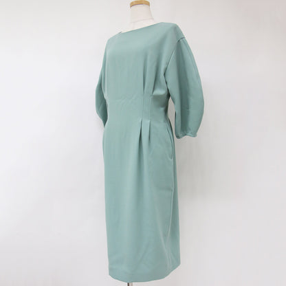 ワンピース ミディ丈 ひざ下 7分袖 ラウンドネック パフスリーブ タックデザイン ジョーゼット 240208