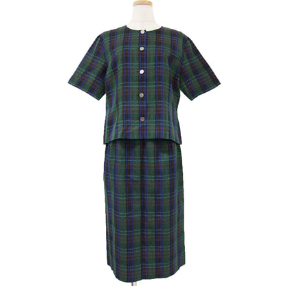 セットアップ スーツ ブラウス スカート 半袖 タイト ひざ丈 チェック コットン リネン 綿 麻 VINTAGE 240305