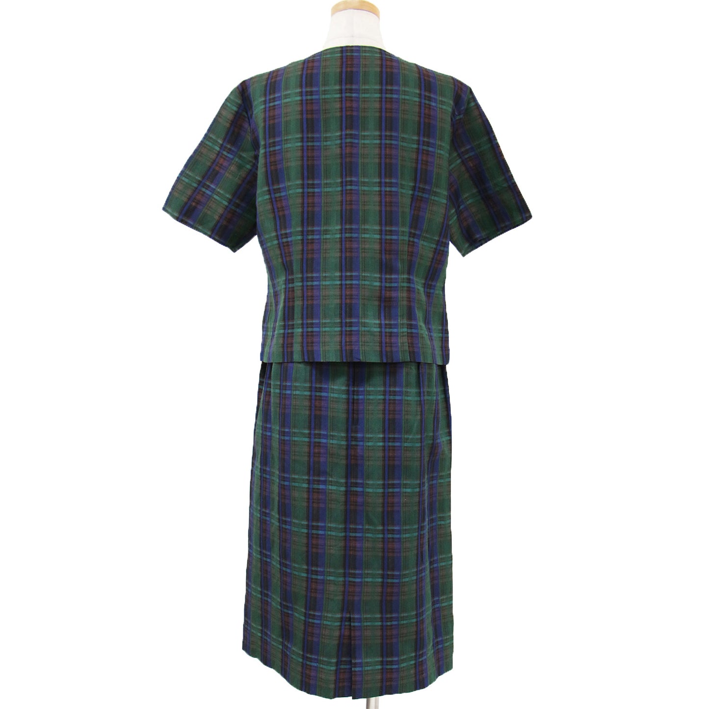セットアップ スーツ ブラウス スカート 半袖 タイト ひざ丈 チェック コットン リネン 綿 麻 VINTAGE 240305