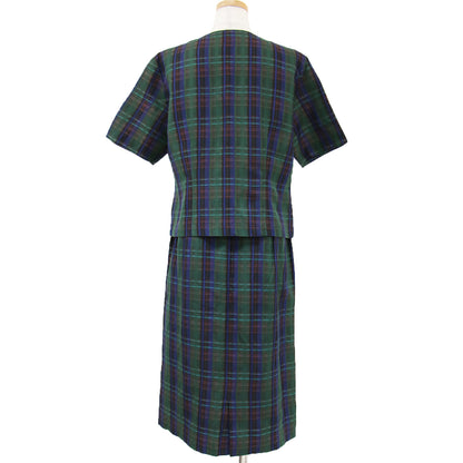 セットアップ スーツ ブラウス スカート 半袖 タイト ひざ丈 チェック コットン リネン 綿 麻 VINTAGE 240305