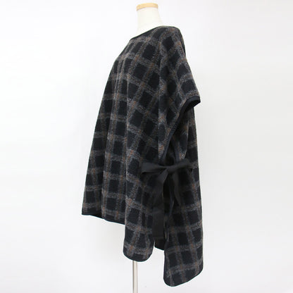 ポンチョ ニット ラウンドネック サイドリボン チェック ウールブレンド 240423
