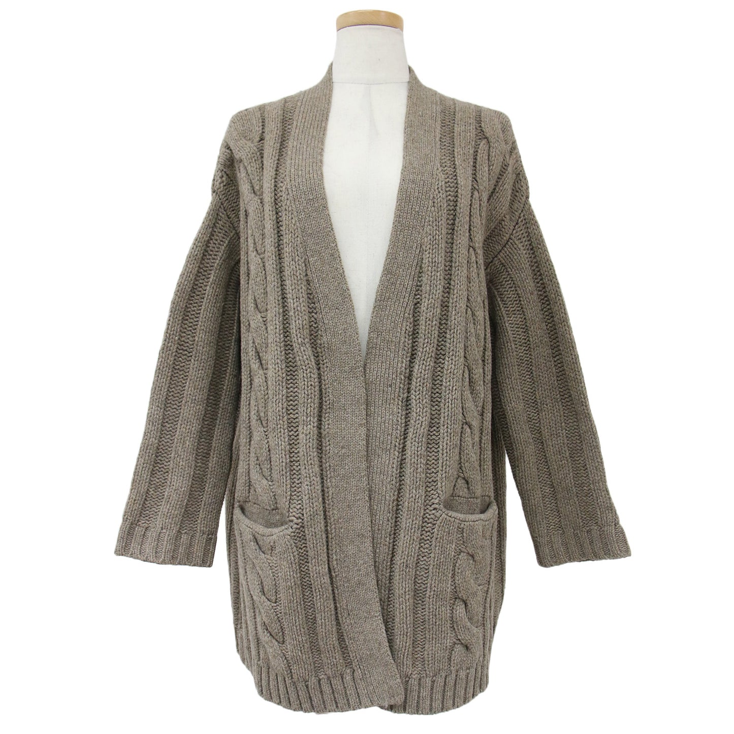 カーディガン ニット ミドル 長袖 ボタンレス ケーブル編み リブ ウール 240508