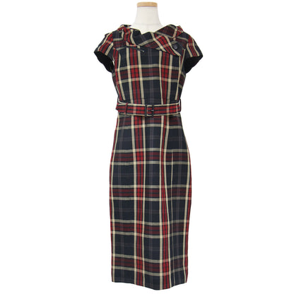 ワンピース ミディ丈 ひざ下 フレンチスリーブ ペンシル タイト ベルト付き チェック リネン レーヨン 240522