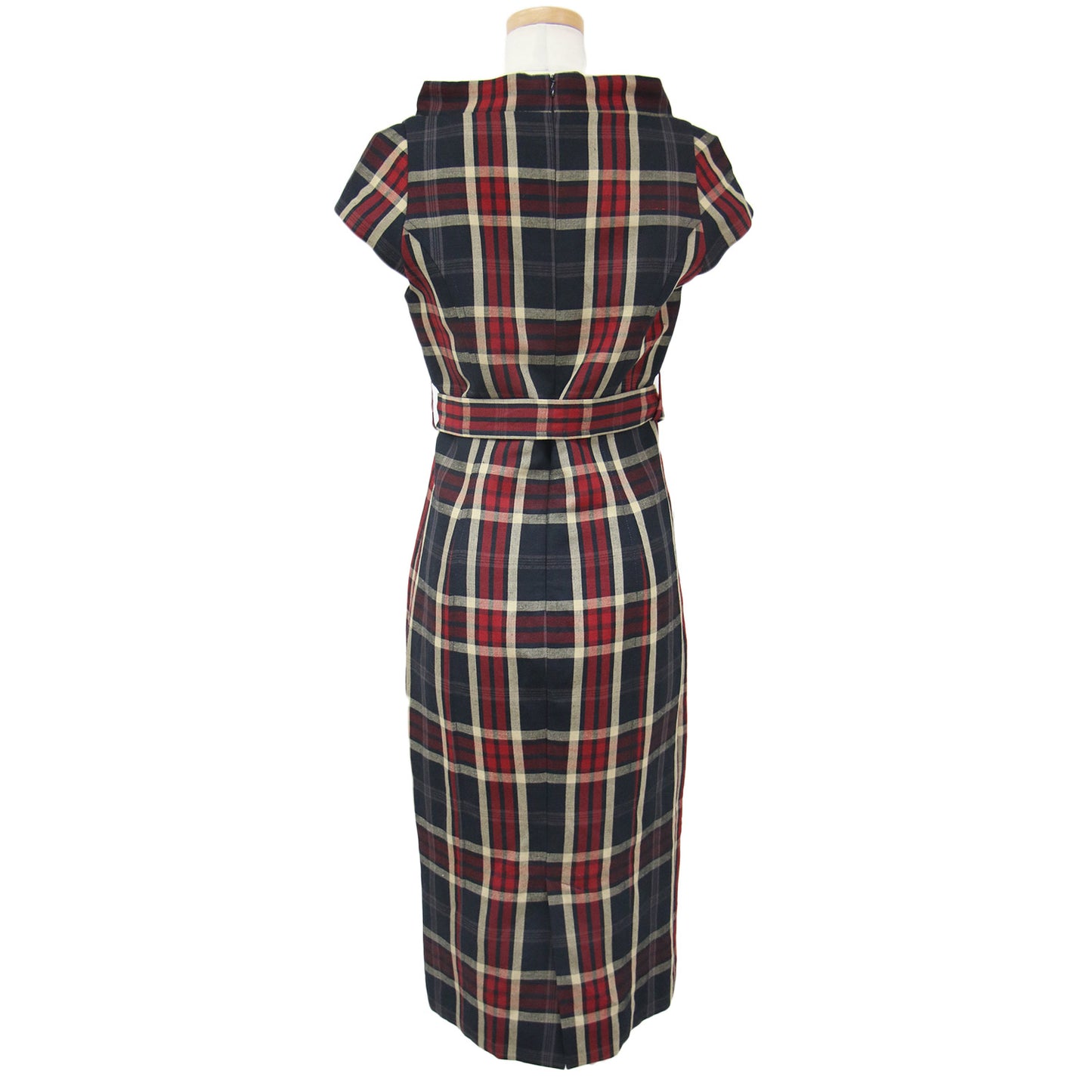 ワンピース ミディ丈 ひざ下 フレンチスリーブ ペンシル タイト ベルト付き チェック リネン レーヨン 240522