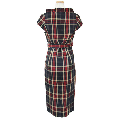 ワンピース ミディ丈 ひざ下 フレンチスリーブ ペンシル タイト ベルト付き チェック リネン レーヨン 240522