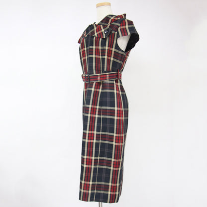 ワンピース ミディ丈 ひざ下 フレンチスリーブ ペンシル タイト ベルト付き チェック リネン レーヨン 240522
