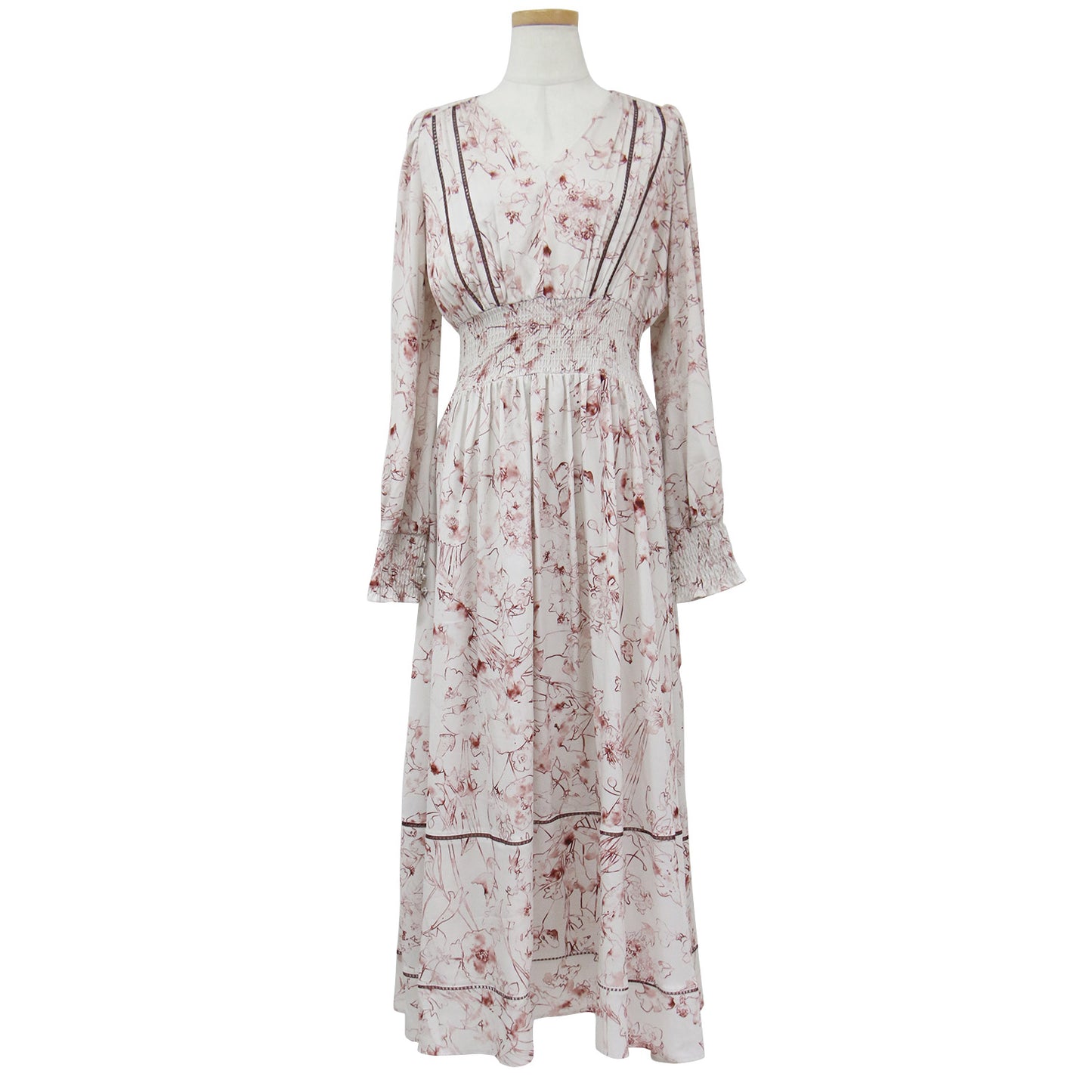 ワンピース ドレス ロング マキシ フレア Vネック 長袖 シャーリング ウエストゴム ギャザー ボタニカル フラワープリント 花柄 ポリエステル 23秋冬 240513