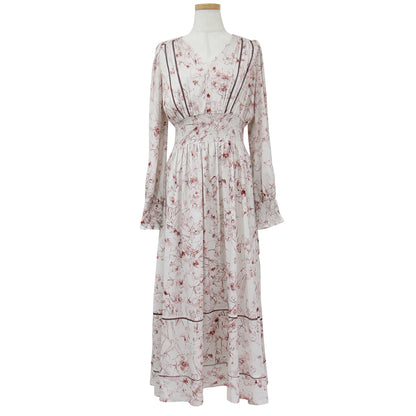 ワンピース ドレス ロング マキシ フレア Vネック 長袖 シャーリング ウエストゴム ギャザー ボタニカル フラワープリント 花柄 ポリエステル 23秋冬 240513