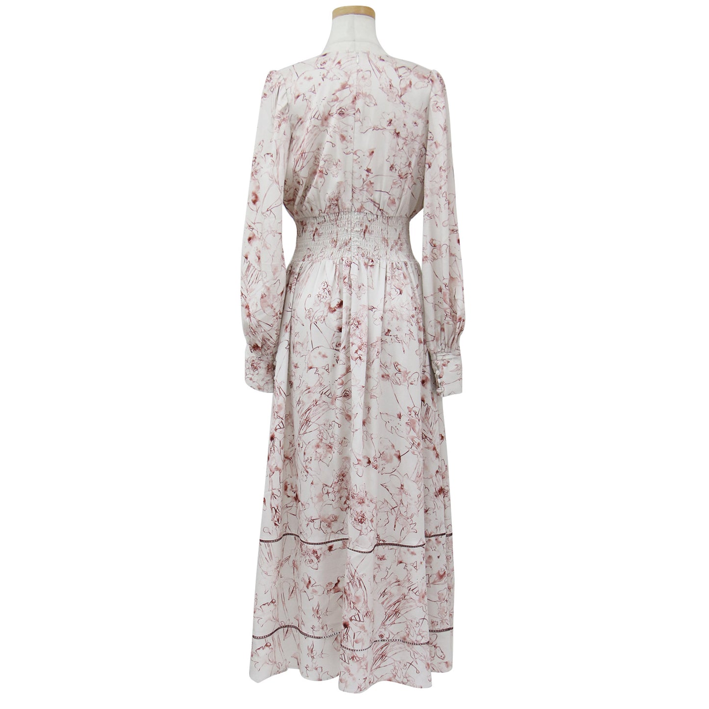 ワンピース ドレス ロング マキシ フレア Vネック 長袖 シャーリング ウエストゴム ギャザー ボタニカル フラワープリント 花柄 ポリエステル 23秋冬 240513