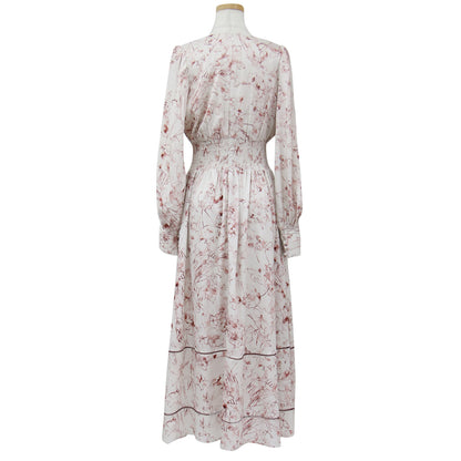 ワンピース ドレス ロング マキシ フレア Vネック 長袖 シャーリング ウエストゴム ギャザー ボタニカル フラワープリント 花柄 ポリエステル 23秋冬 240513