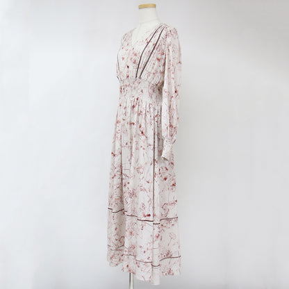 ワンピース ドレス ロング マキシ フレア Vネック 長袖 シャーリング ウエストゴム ギャザー ボタニカル フラワープリント 花柄 ポリエステル 23秋冬 240513