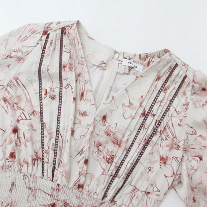 ワンピース ドレス ロング マキシ フレア Vネック 長袖 シャーリング ウエストゴム ギャザー ボタニカル フラワープリント 花柄 ポリエステル 23秋冬 240513