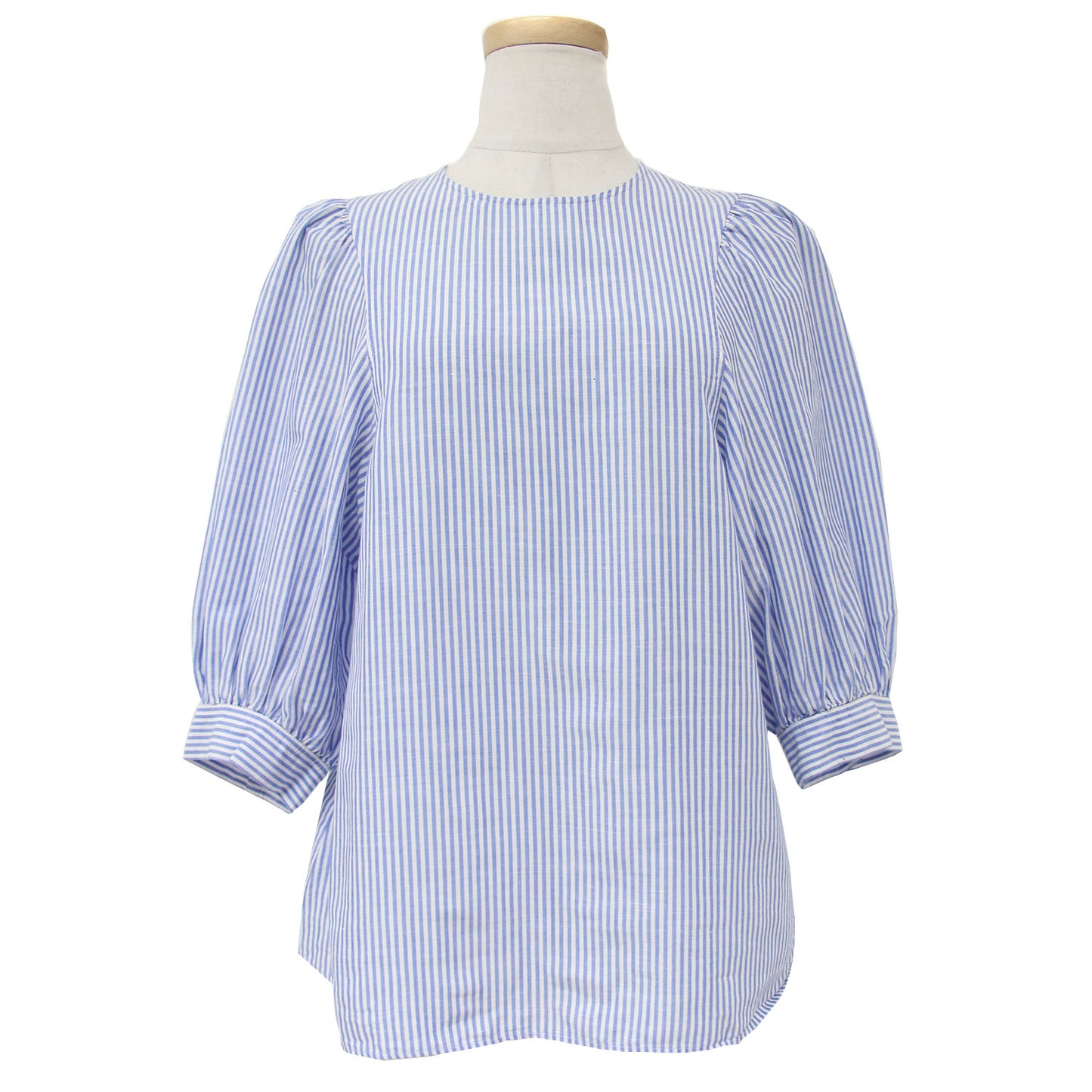 ストライプ コットンリネン 5分袖 ギャザー ブラウス / ボリュームスリーブ シャツ 240904