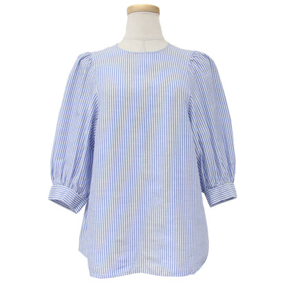 ストライプ コットンリネン 5分袖 ギャザー ブラウス / ボリュームスリーブ シャツ 240904